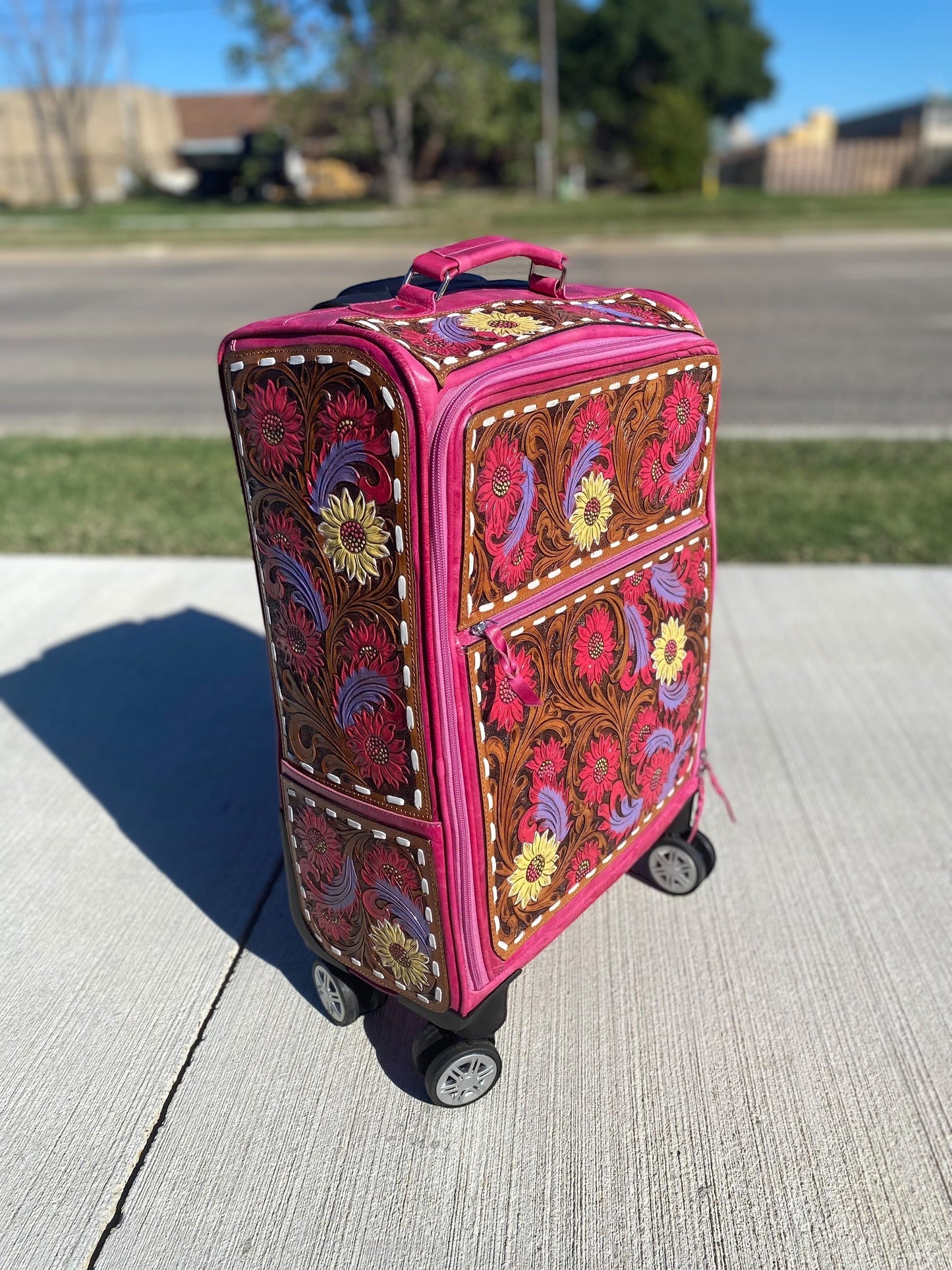 Pink Floral Tooled Leather Rolling Luggage