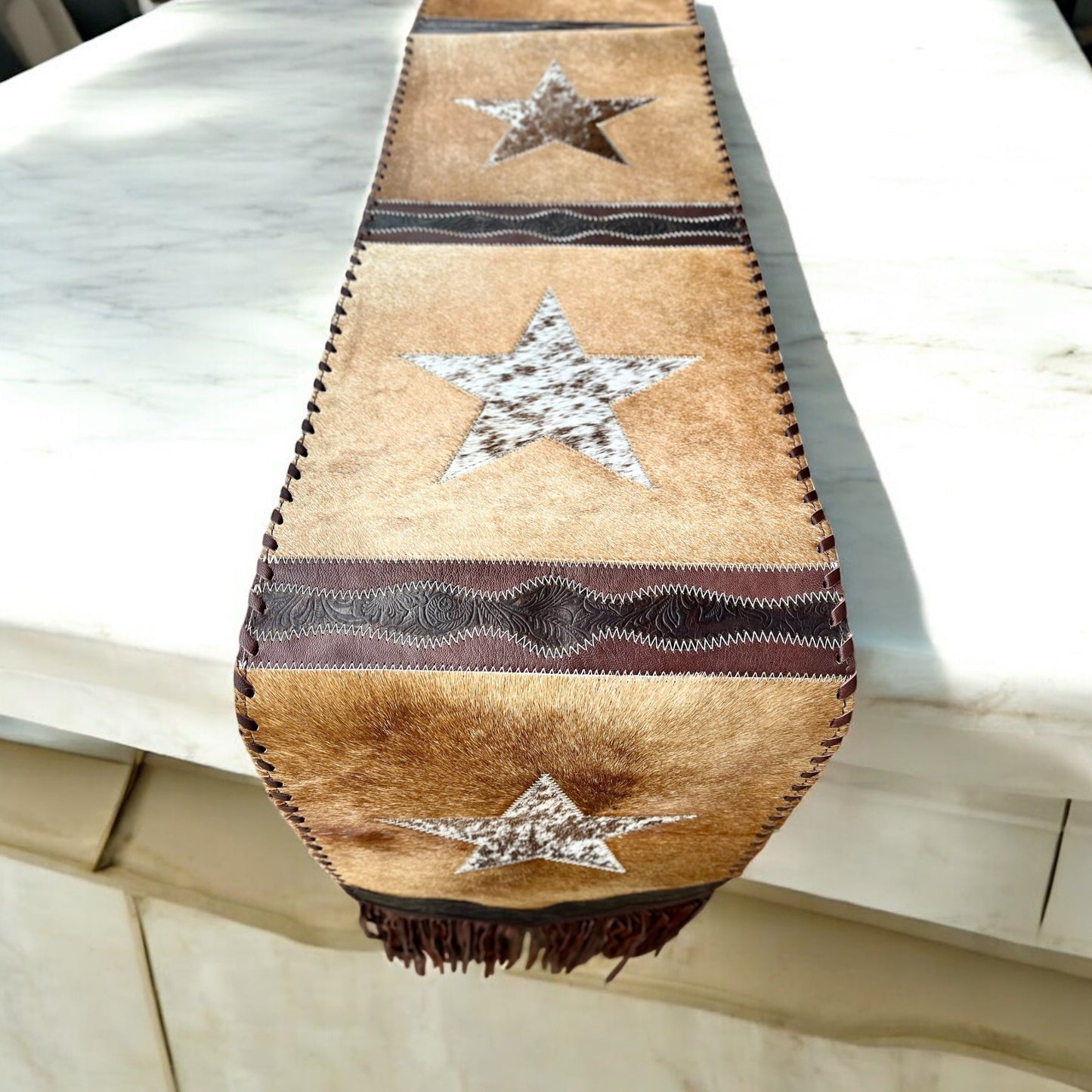 6ft Stars cowhide & leather table runner