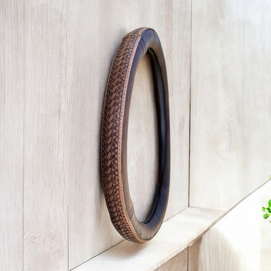 15” Basketweave tooled leather steering wheel cover