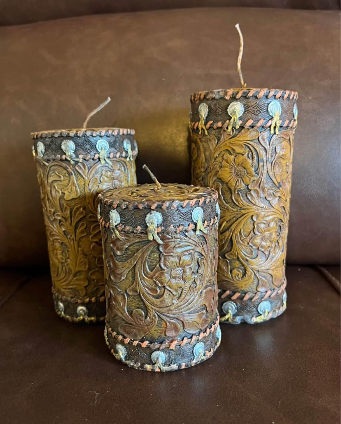 Tooled Leather looking Candles (Set of 3 )