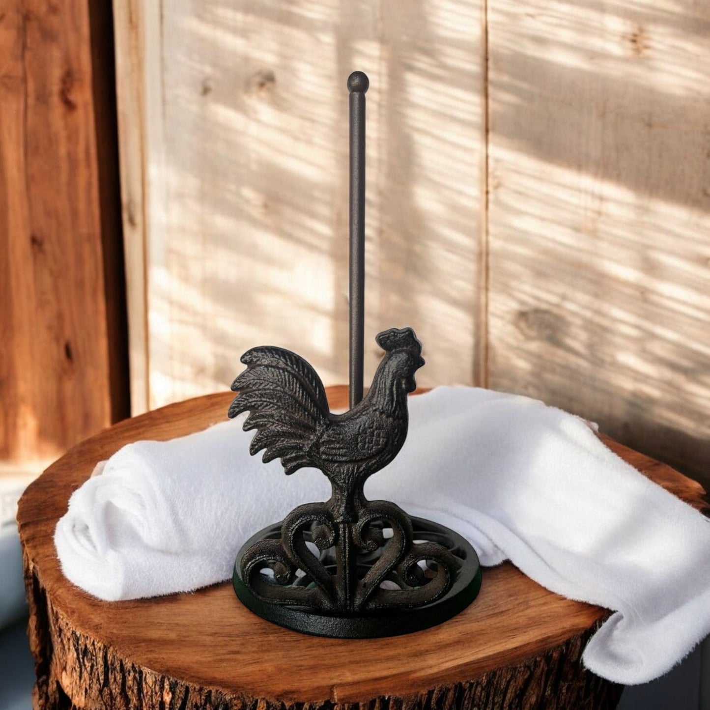 Farmhouse Cast Iron Rooster Paper Towel Holder, Rustic Kitchen Dispenser