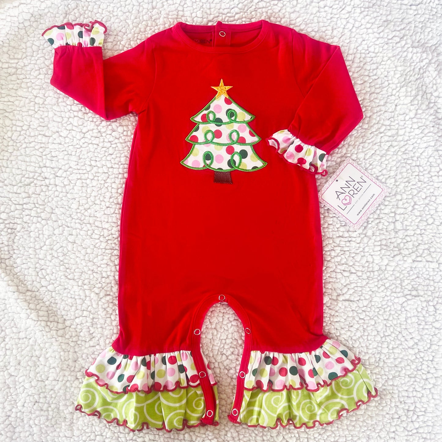 AnnLoren Baby Girls Red & White Christmas Tree Romper Outfit