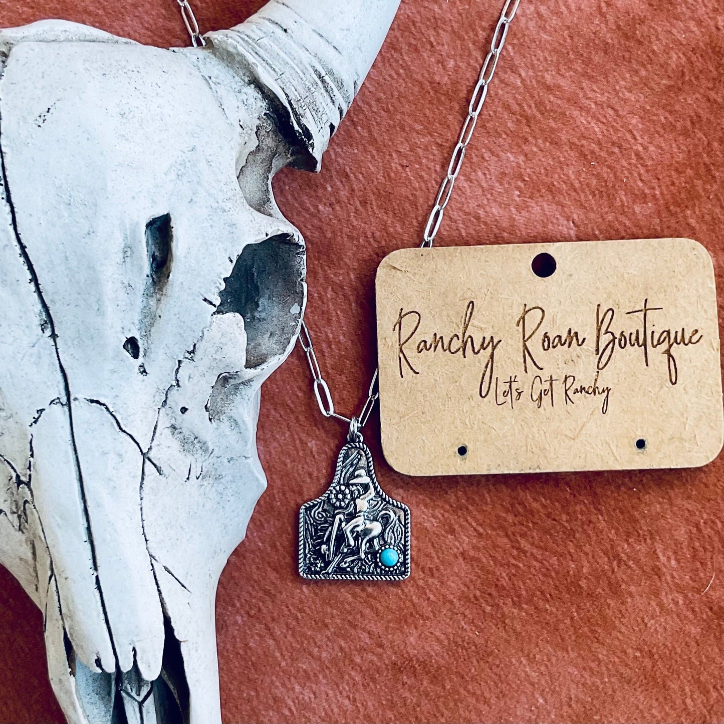 Western Cowboy Ear Tag Necklace – Burnished Silver & Turquoise
