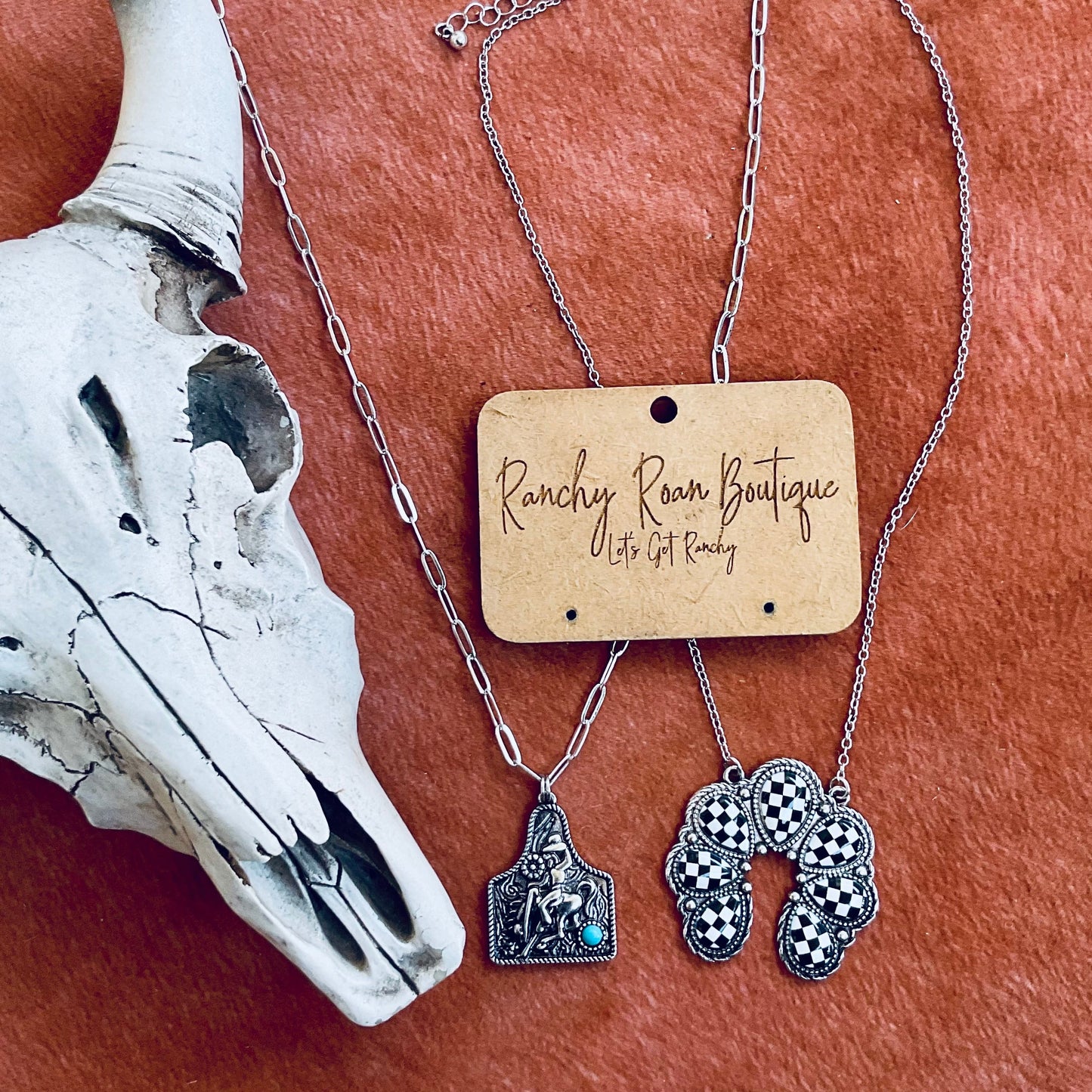Western Cowboy Ear Tag Necklace – Burnished Silver & Turquoise