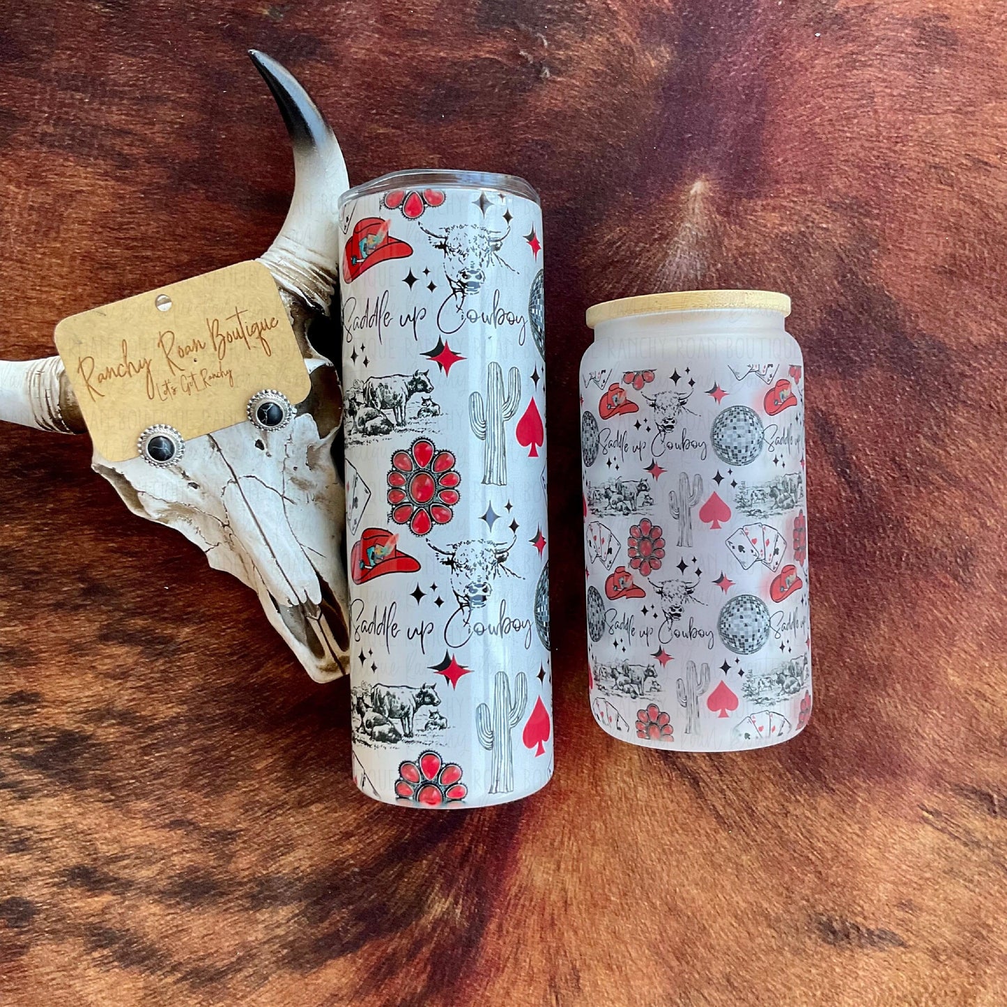 Saddle Up Cowboy Western Frosted Glass 16 oz