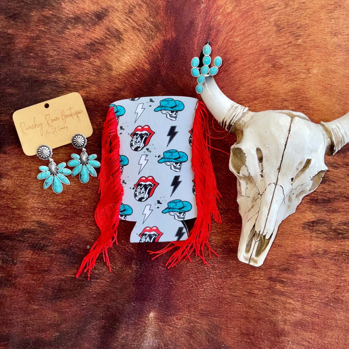 Distressed Turquoises Cowboy Skelly Fringe Slim Koozie