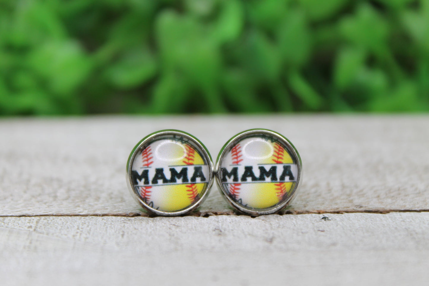 MAMA of Both Softball Baseball Glass Stud Earrings