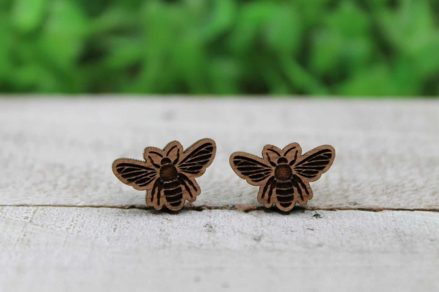 Honey Bees Engraved Wood Stud Earrings