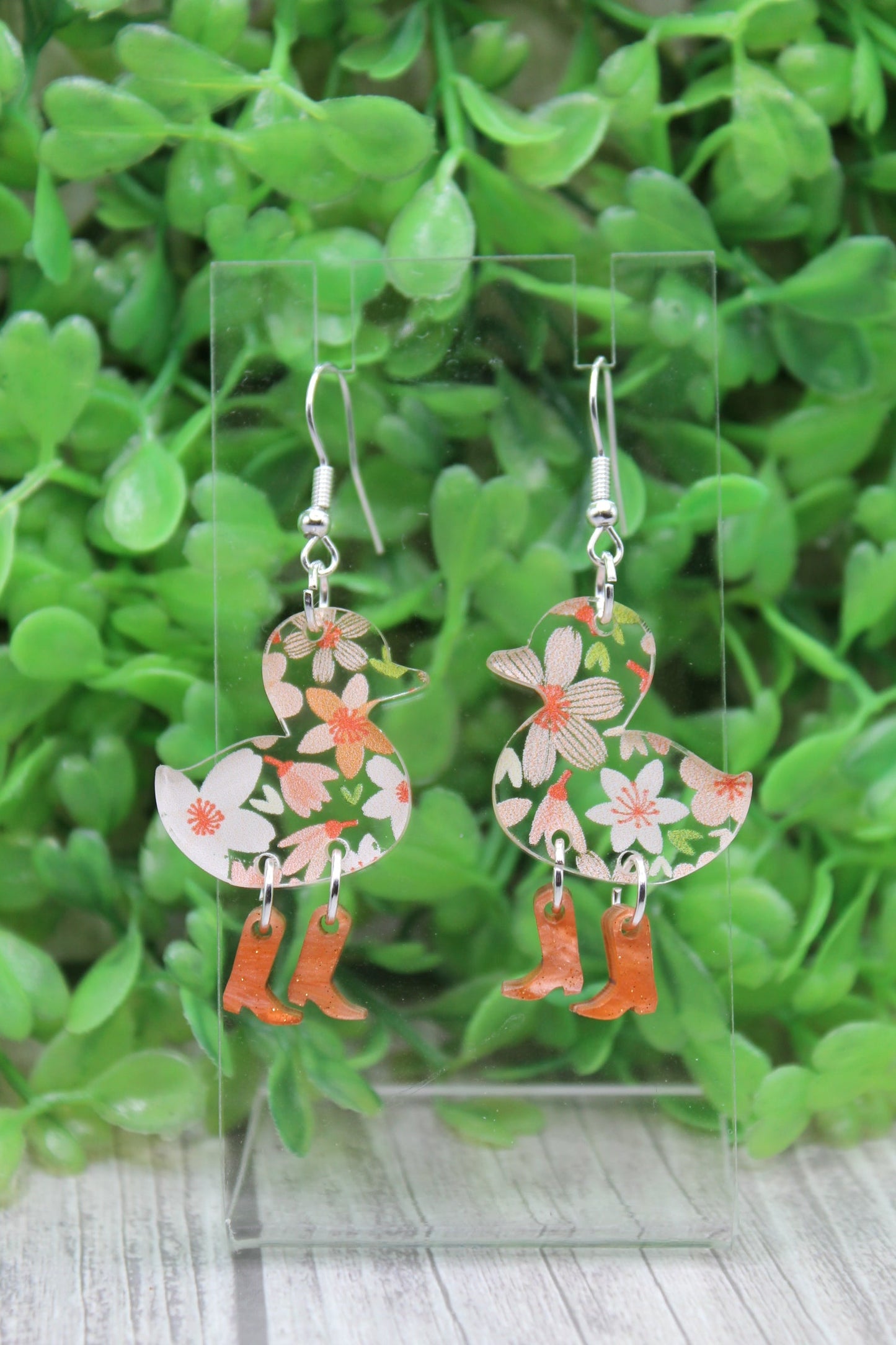 Peach Floral Ducks with Boots Dangle Earrings