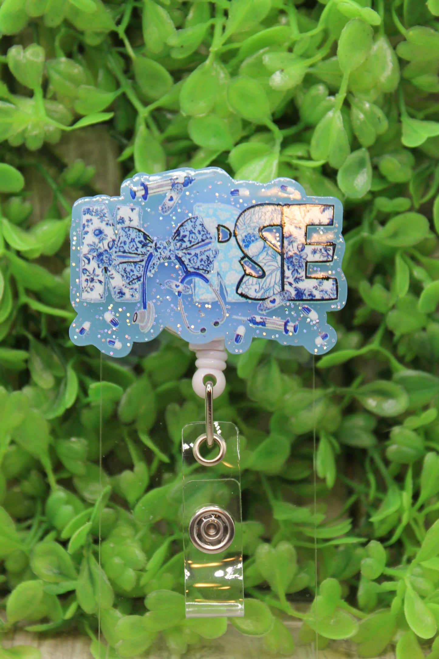 NURSE Blue Floral Stethoscope Badge/ID Holder Reel