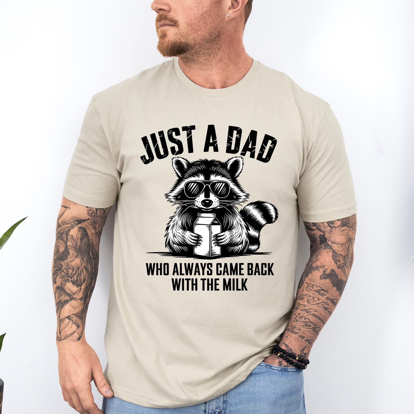 Just A Dad Who Always Came Back With The Milk, Retro, Raccoon, Dad, Father's Day, Boyfriend, Husband, Brother, Guy Gift, Soft Style T-Shirt