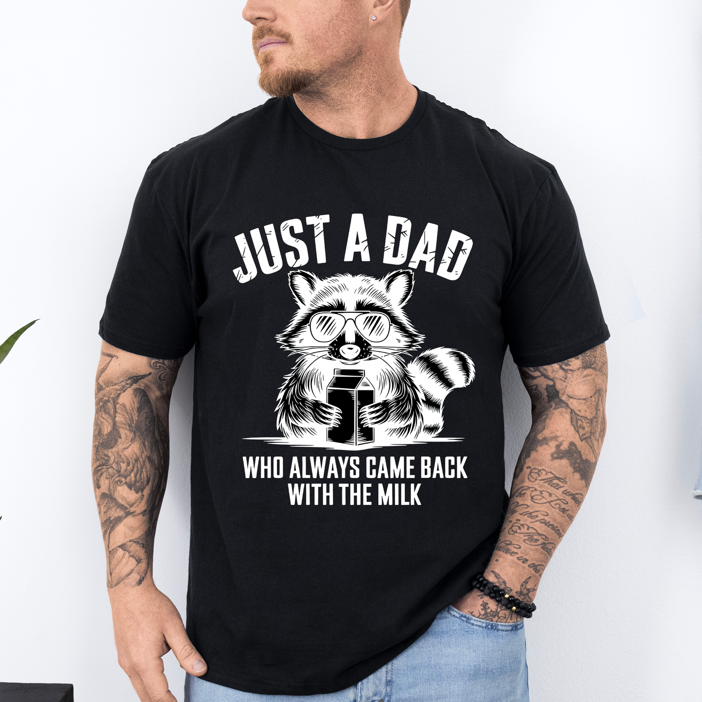 Just A Dad Who Always Came Back With The Milk, Retro, Raccoon, Dad, Father's Day, Boyfriend, Husband, Brother, Guy Gift, Soft Style T-Shirt