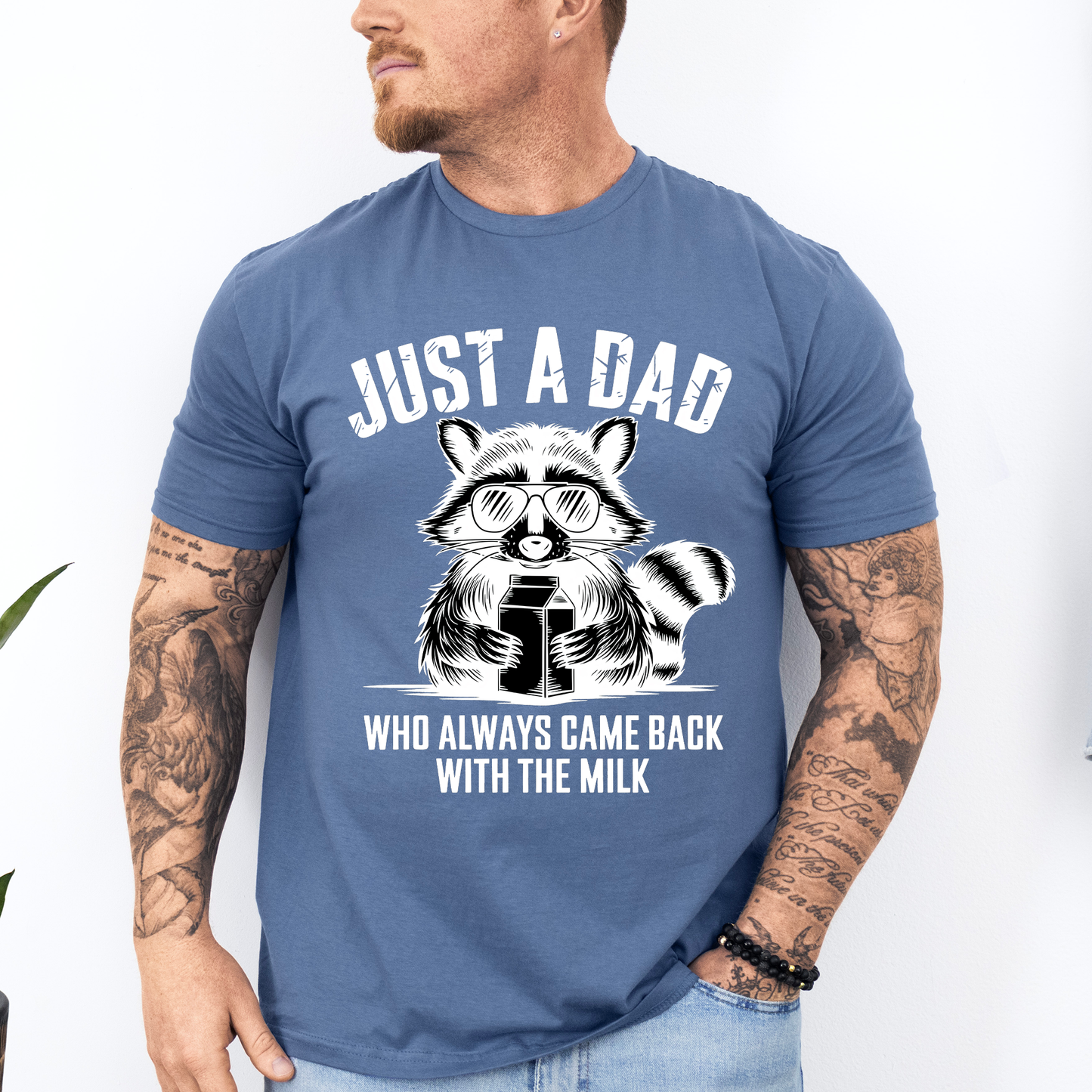 Just A Dad Who Always Came Back With The Milk, Retro, Raccoon, Dad, Father's Day, Boyfriend, Husband, Brother, Guy Gift, Soft Style T-Shirt
