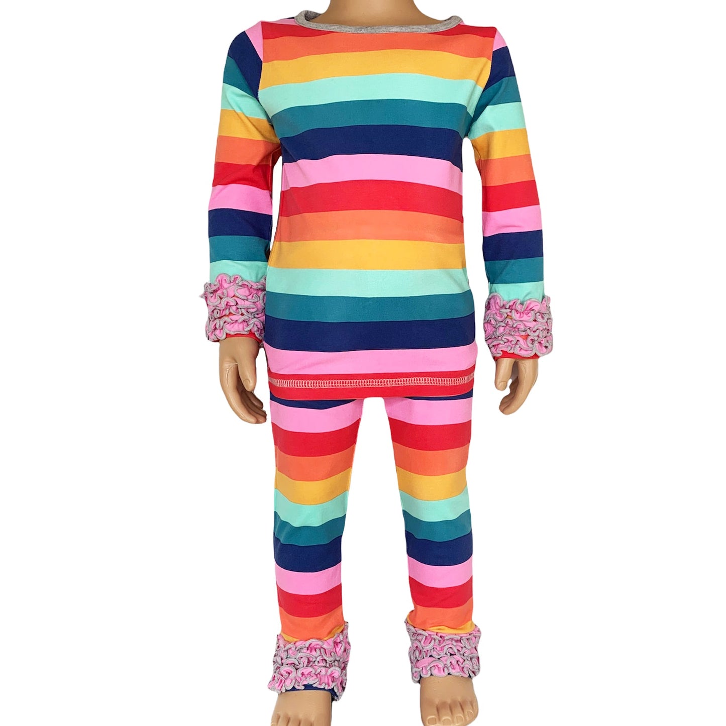 AnnLoren Baby Big Girls Boutique Long Sleeve Rainbow Ruffle Layering T-shirt