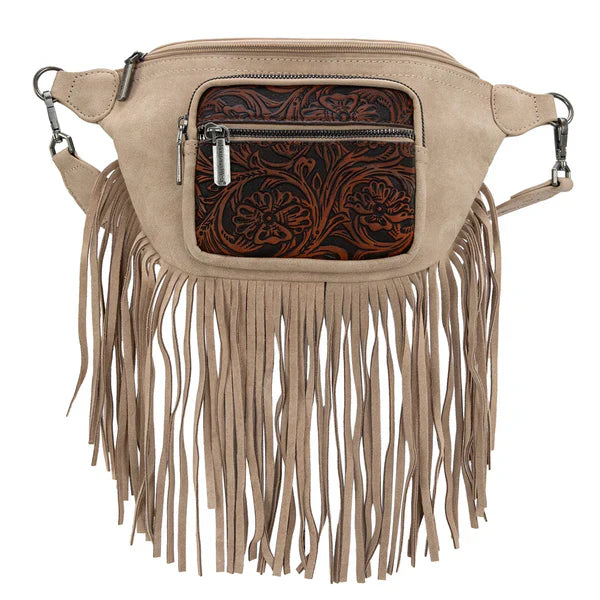 Montana West Fringe Fanny Pack – Western Tooled Leather Waist Bag with Adjustable Strap