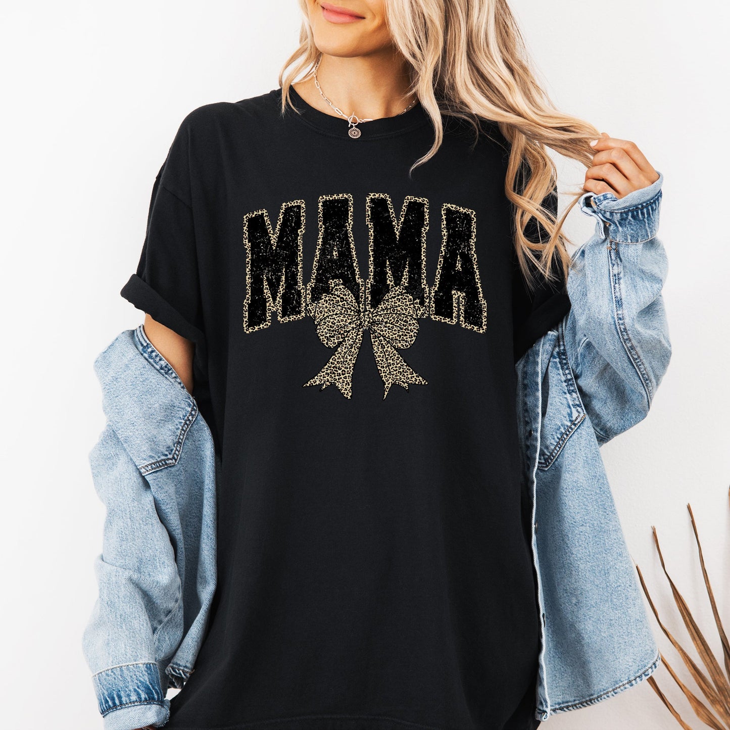 Mama, Black Leopard Print, Bow, Ribbon, Mother's Day Tshirt Comfort Colors T-Shirt