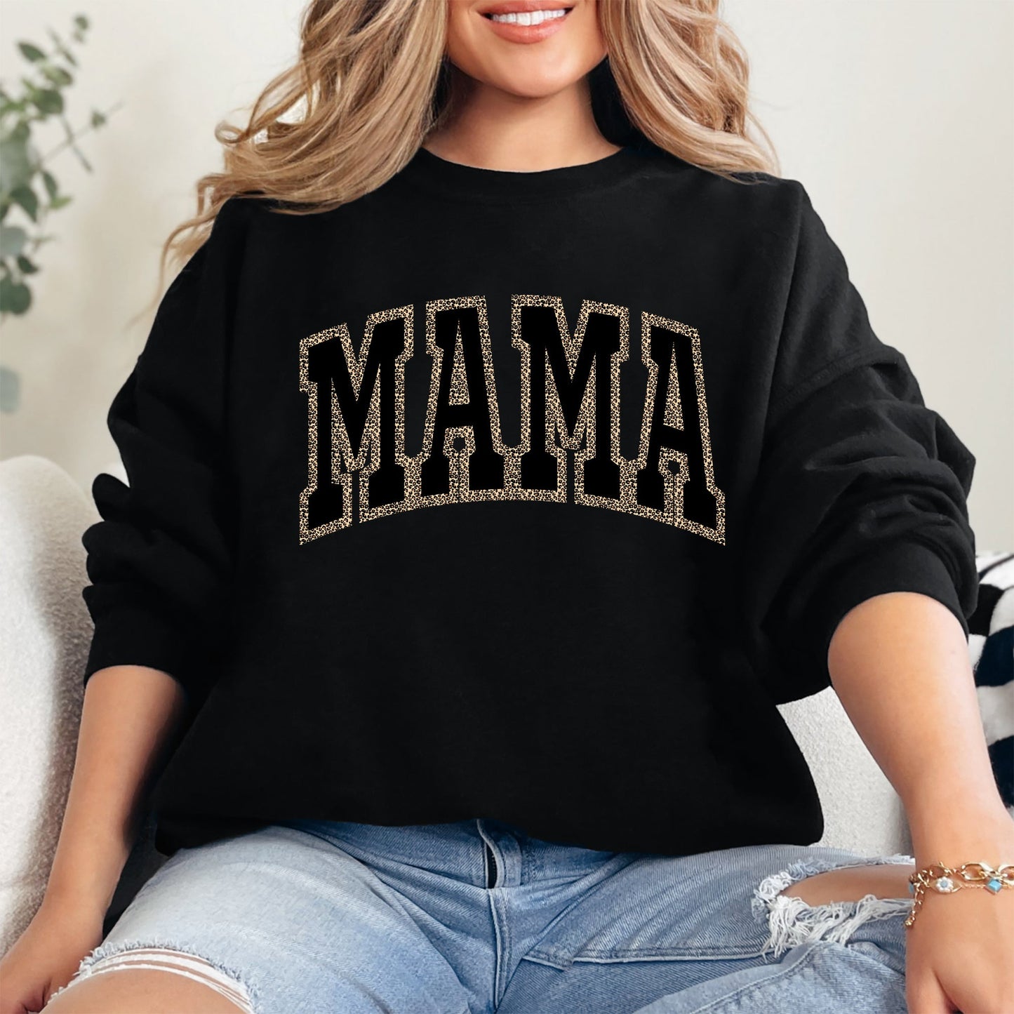 Mama, Black Leopard Print, Retro, Vintage, Varsity, Mother's Day Sweatshirt