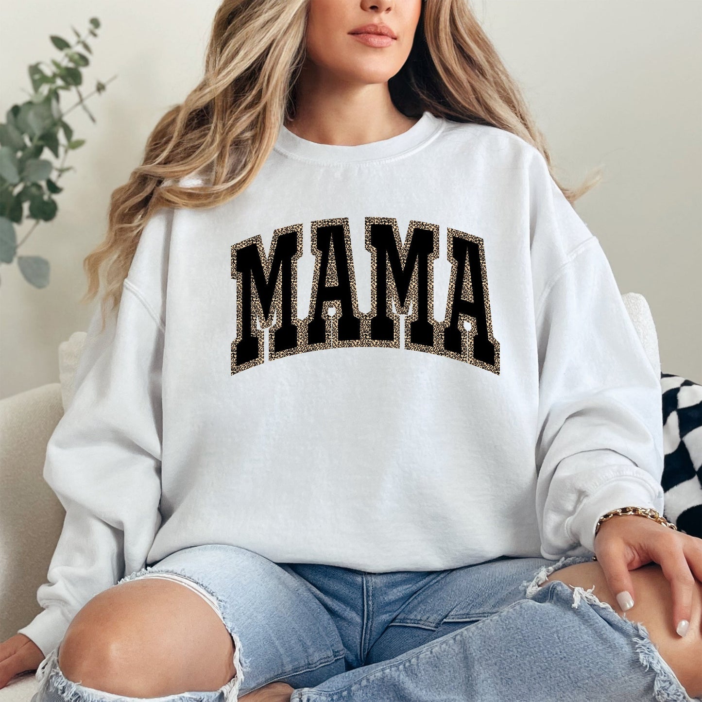 Mama, Black Leopard Print, Retro, Vintage, Varsity, Mother's Day Sweatshirt