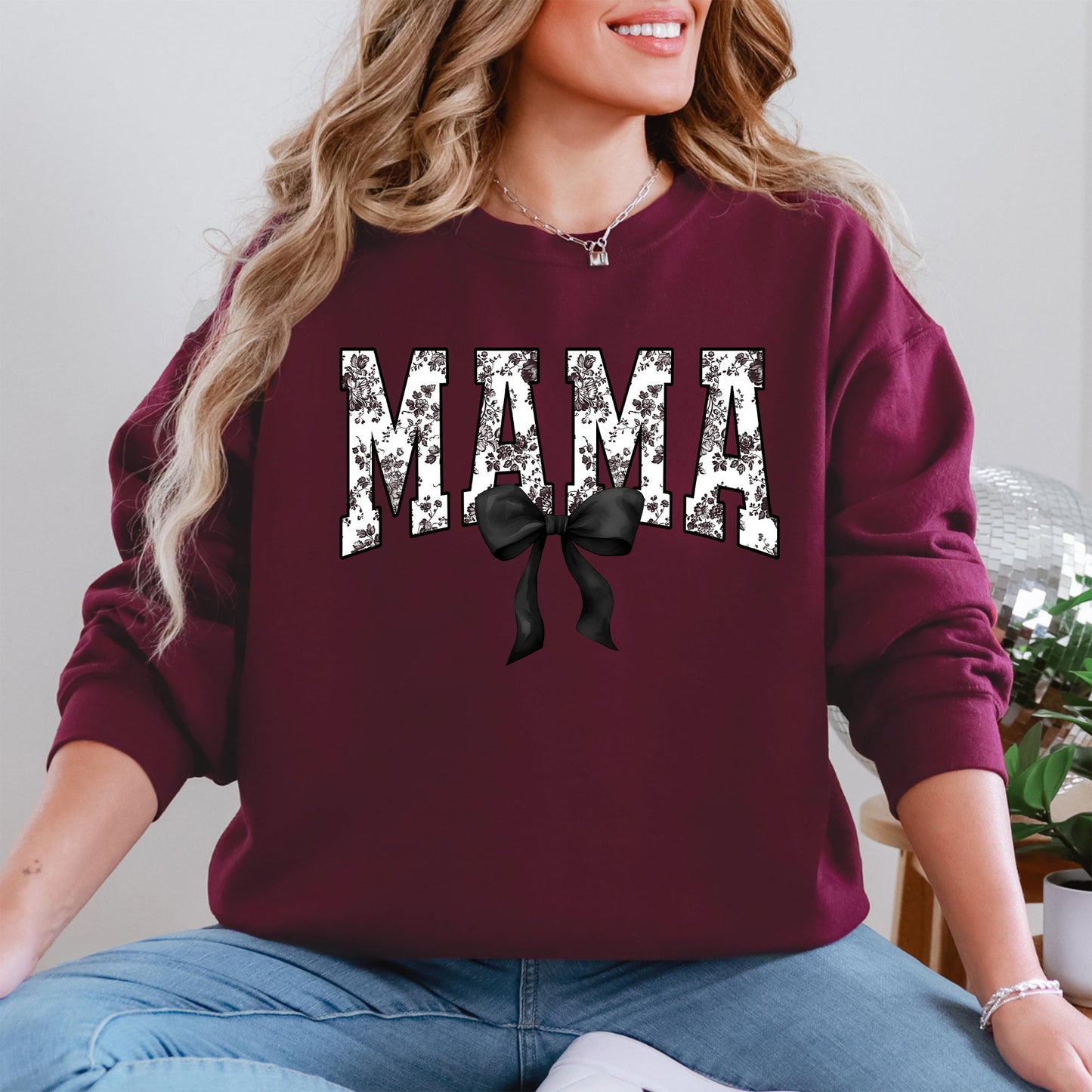 Mama, Bow, Ribbon, Black, Chinoiserie, Coquette, Varsity, Mother's Day Sweatshirt