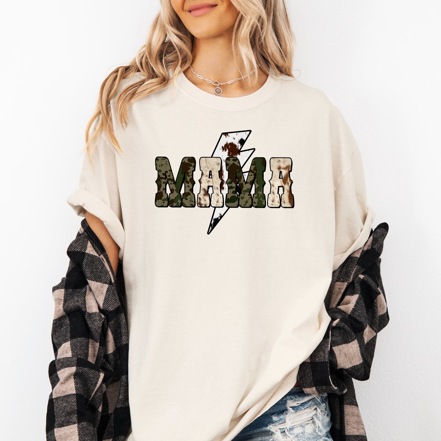 Mama, Cow Print, Checkered, Lightning Bolt, Retro, Mother's Day Tshirt Comfort Colors T-Shirt