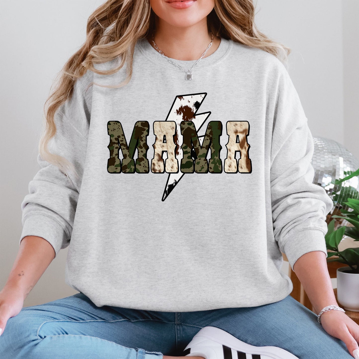 Mama, Cow Print, Checkered, Lightning Bolt, Retro, Mother's Day Sweatshirt