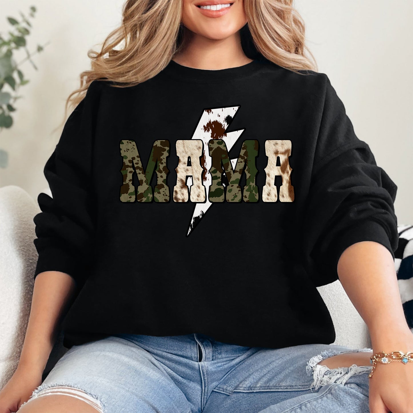 Mama, Cow Print, Checkered, Lightning Bolt, Retro, Mother's Day Sweatshirt