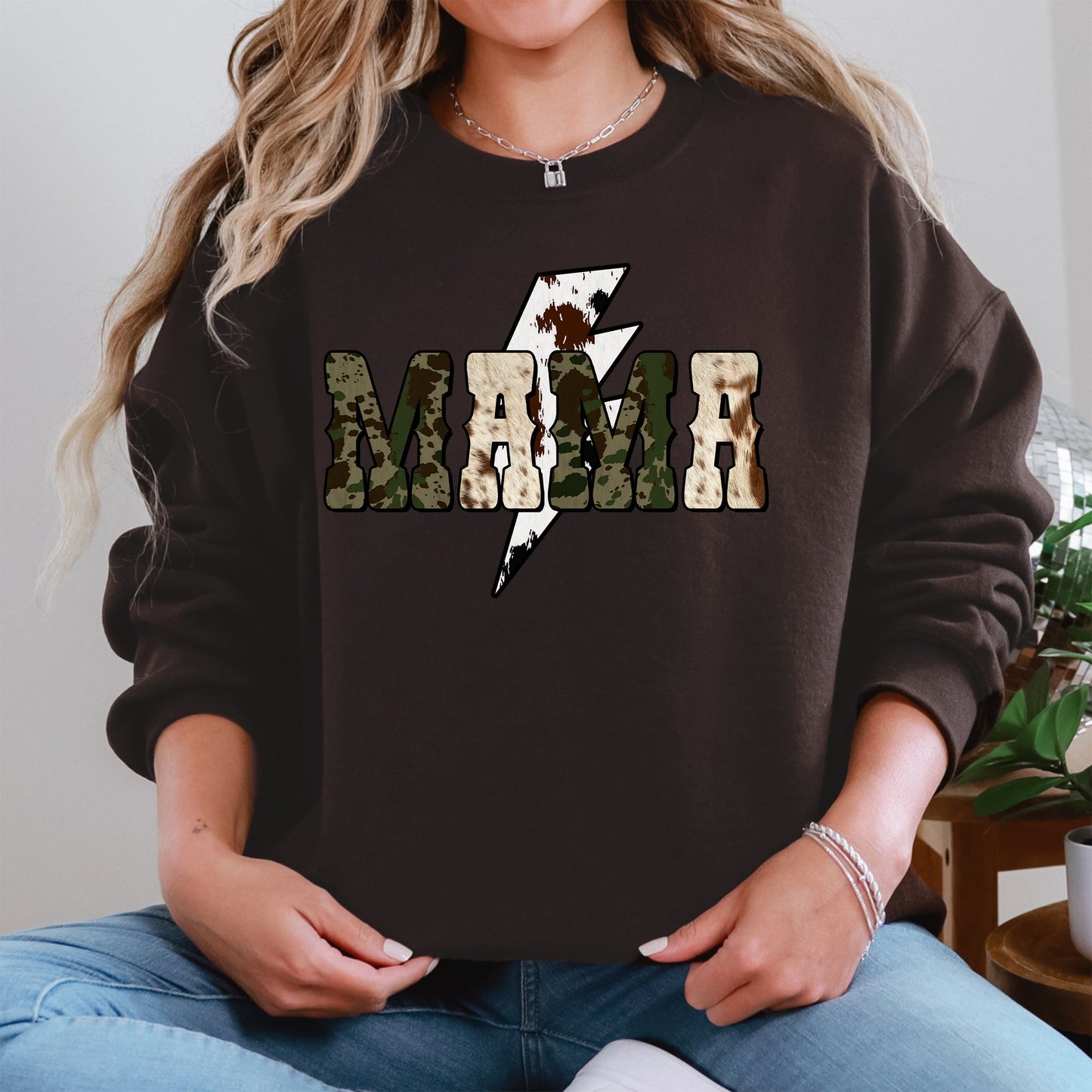 Mama, Cow Print, Checkered, Lightning Bolt, Retro, Mother's Day Sweatshirt