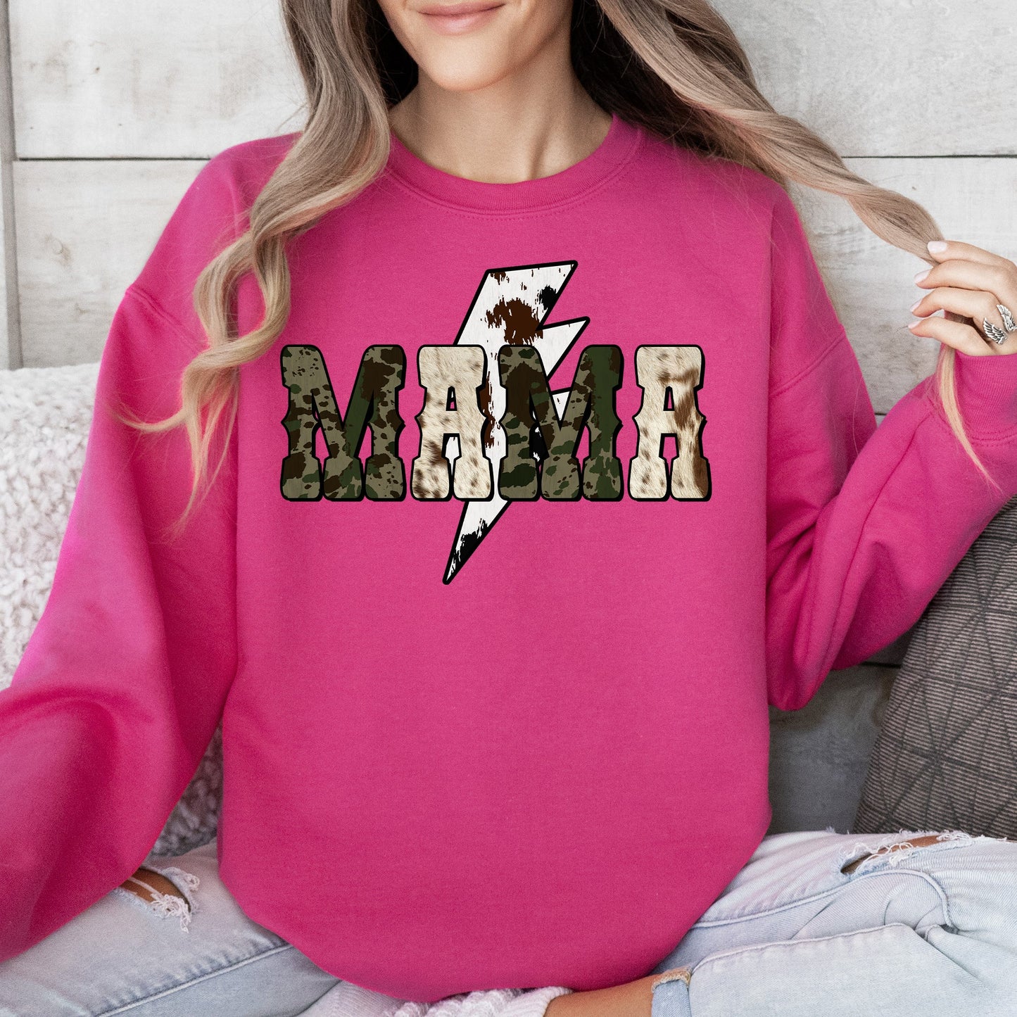 Mama, Cow Print, Checkered, Lightning Bolt, Retro, Mother's Day Sweatshirt