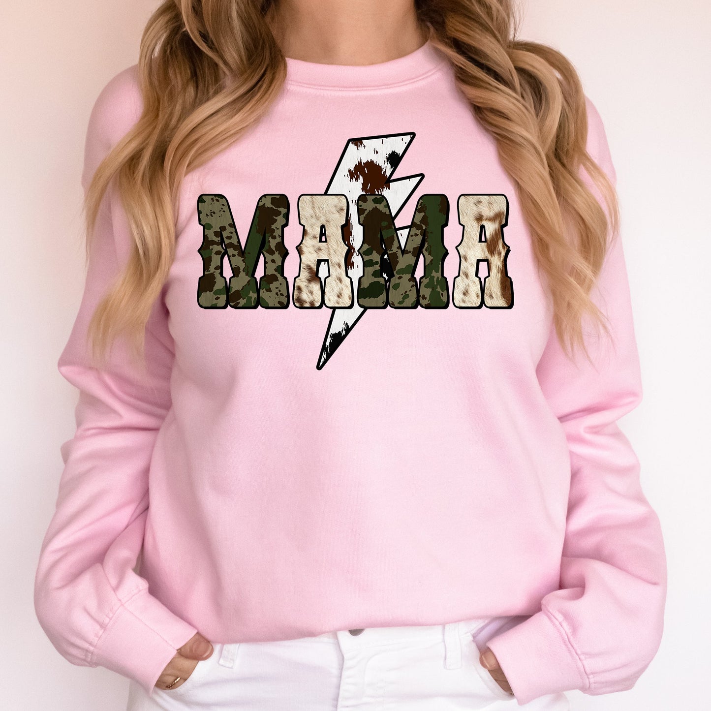 Mama, Cow Print, Checkered, Lightning Bolt, Retro, Mother's Day Sweatshirt