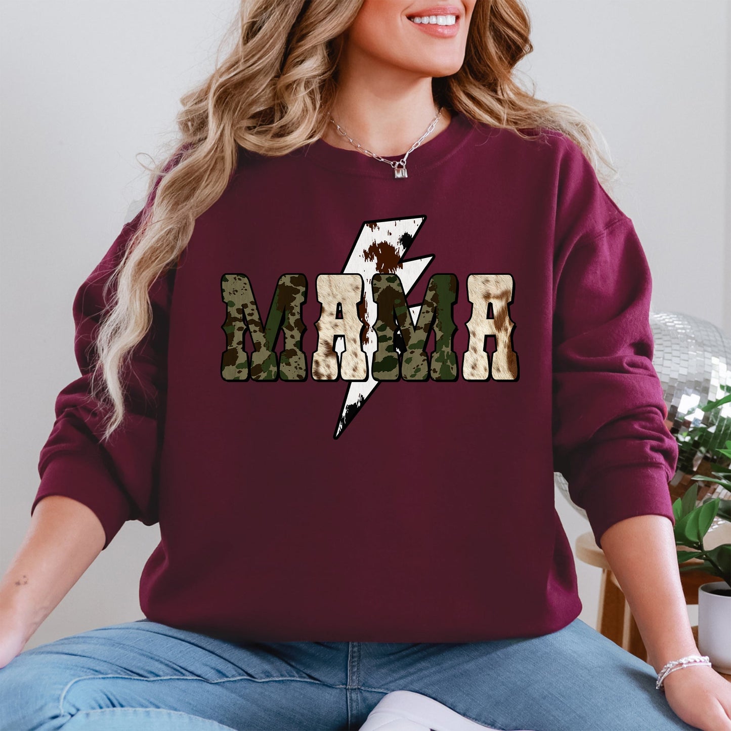 Mama, Cow Print, Checkered, Lightning Bolt, Retro, Mother's Day Sweatshirt