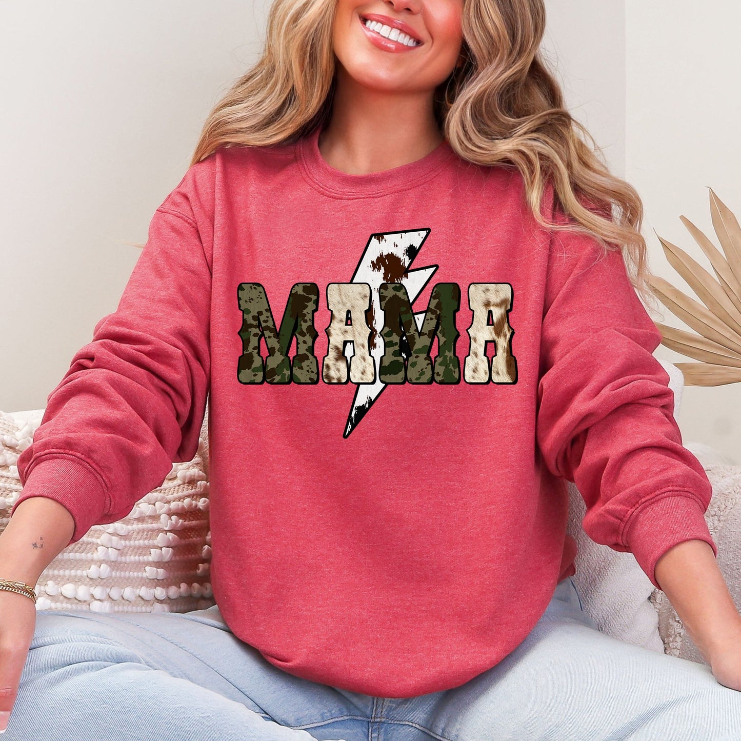 Mama, Cow Print, Checkered, Lightning Bolt, Retro, Mother's Day Sweatshirt