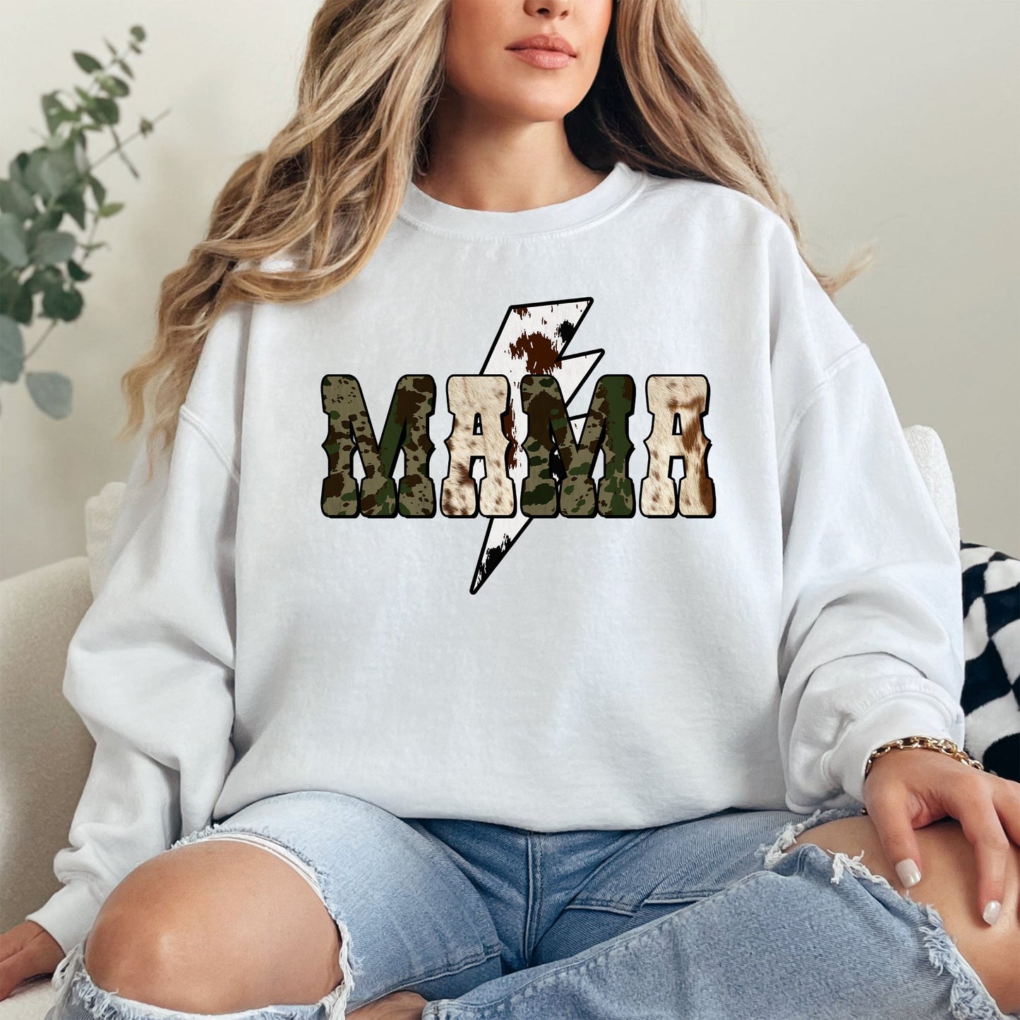 Mama, Cow Print, Checkered, Lightning Bolt, Retro, Mother's Day Sweatshirt