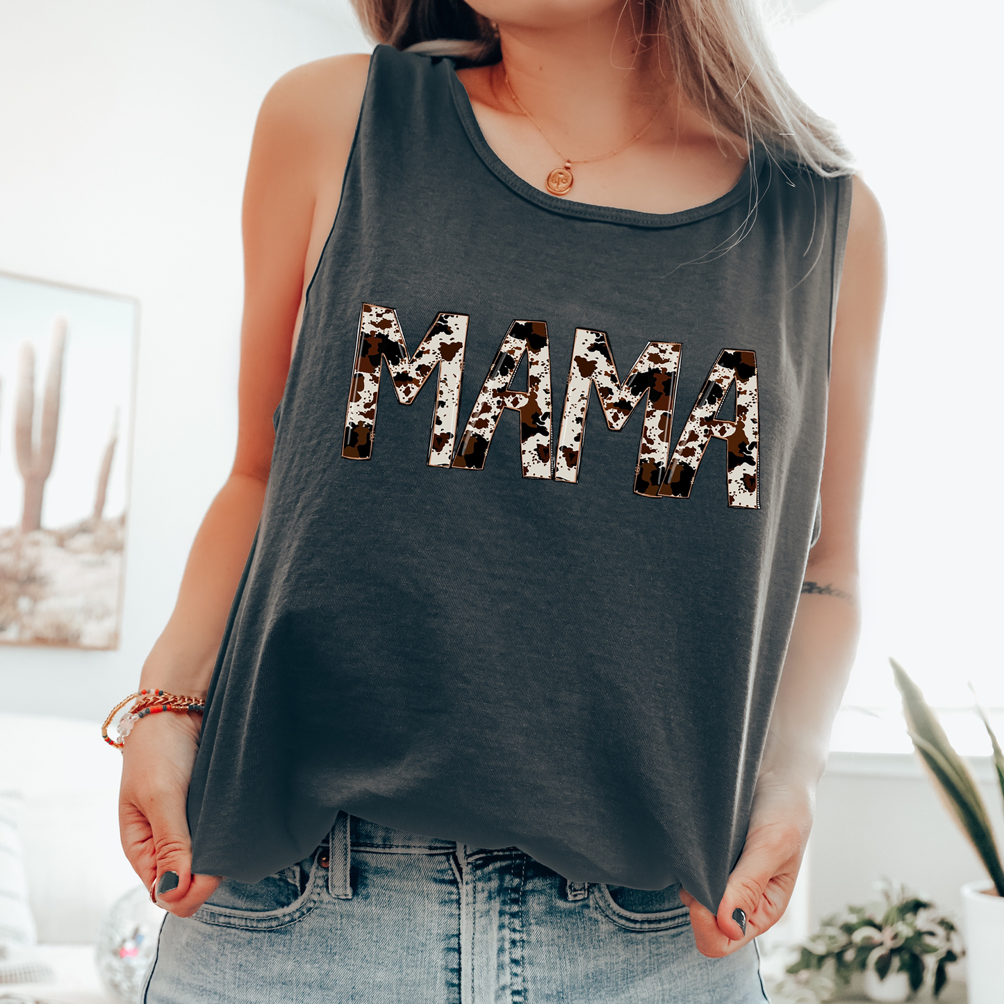 Mama, Cow Print, Country, Western Comfort Colors Tank Top
