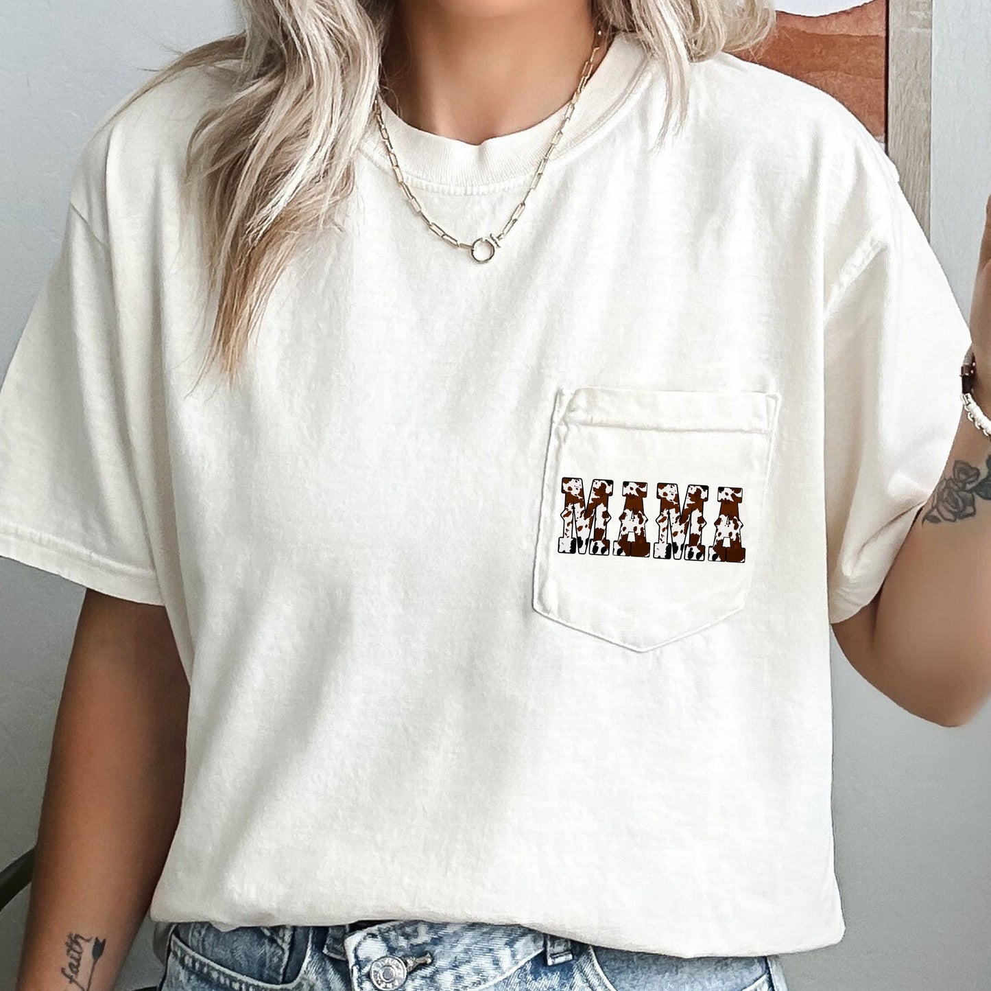 Mama, Cow Print, Western, Country, Cowboy, Pocket Tee Comfort Colors T-Shirt