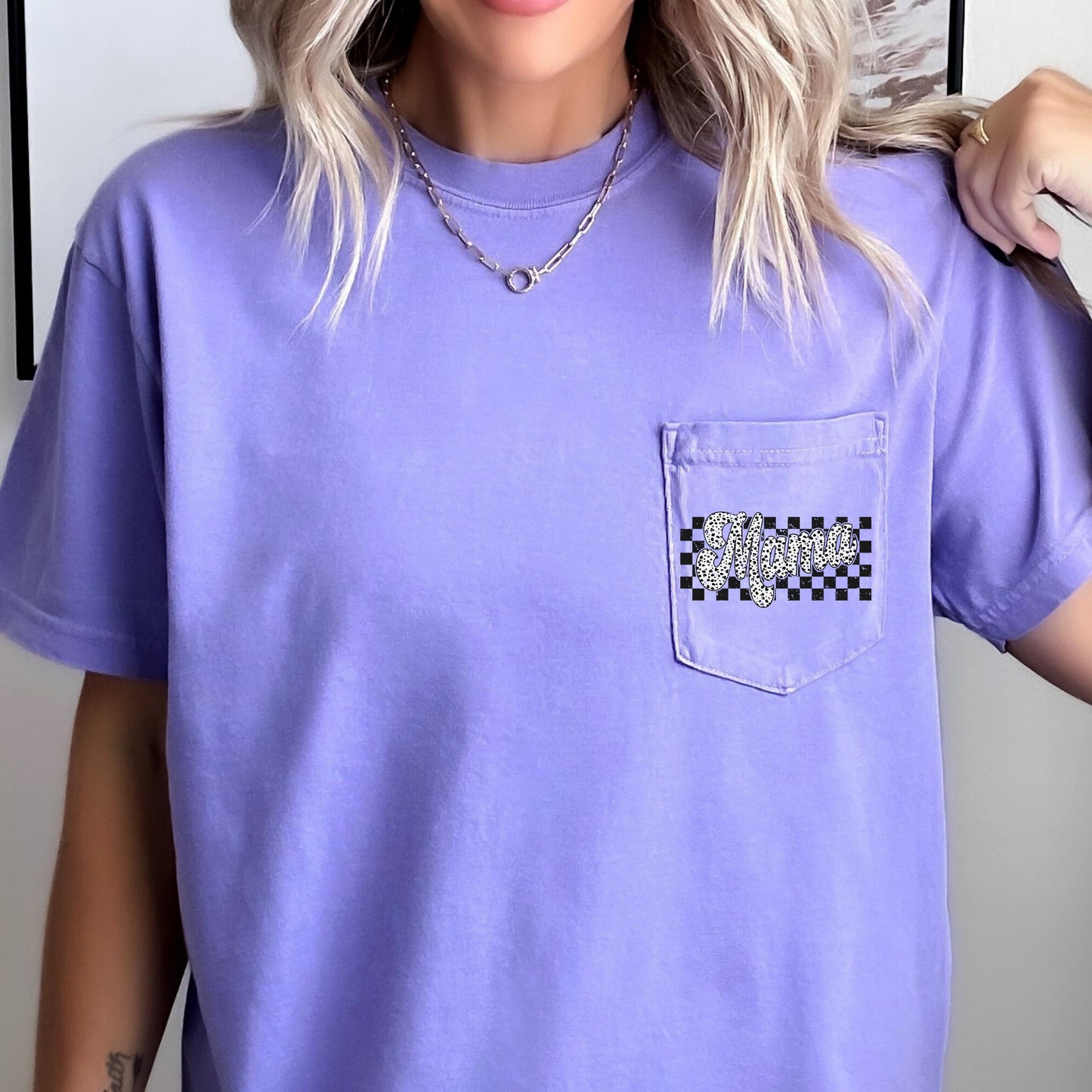 Mama, Dalmatian, Checkered, Pocket Tee Comfort Colors T-Shirt