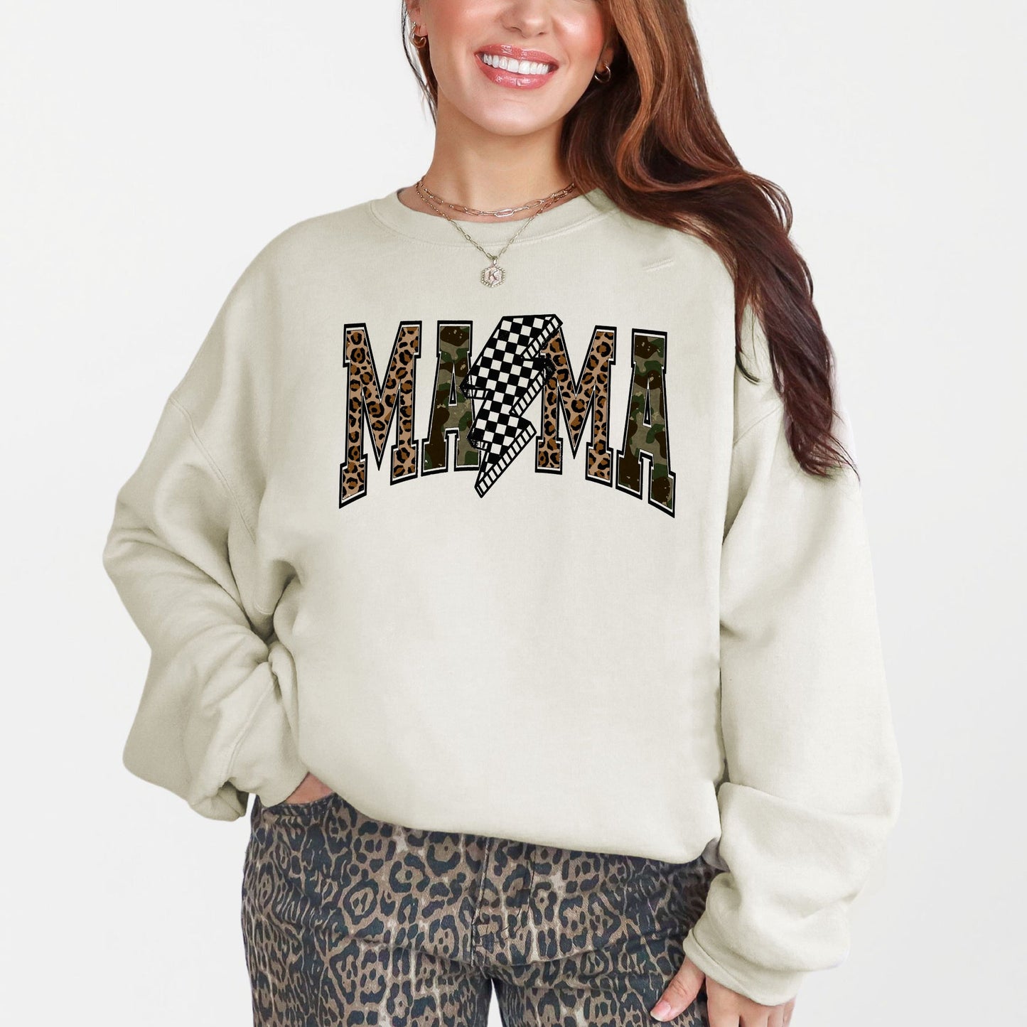 Mama, Leopard Print, Camo, Camouflage, Checkered, Lightning Bolt, Mother's Day Sweatshirt
