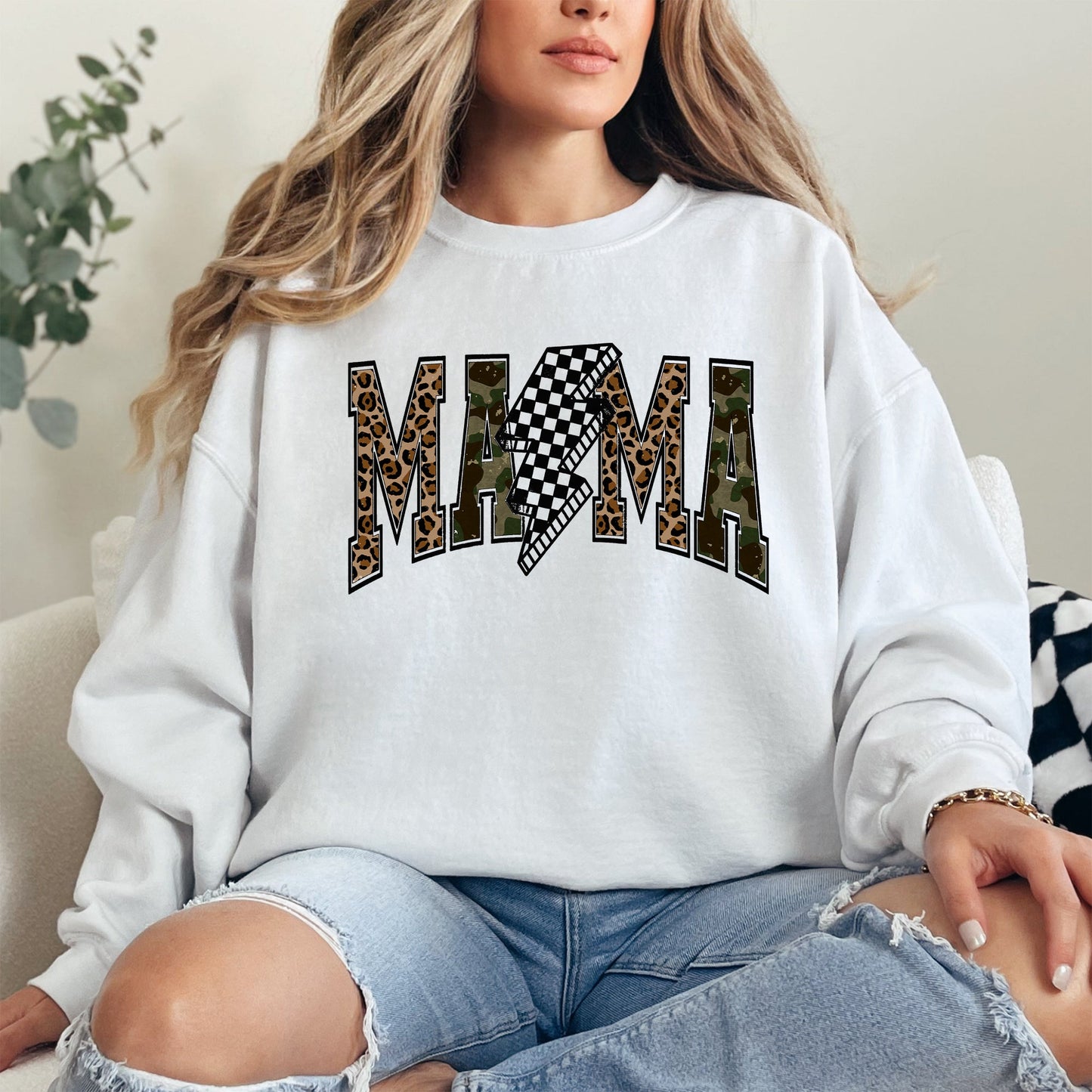 Mama, Leopard Print, Camo, Camouflage, Checkered, Lightning Bolt, Mother's Day Sweatshirt