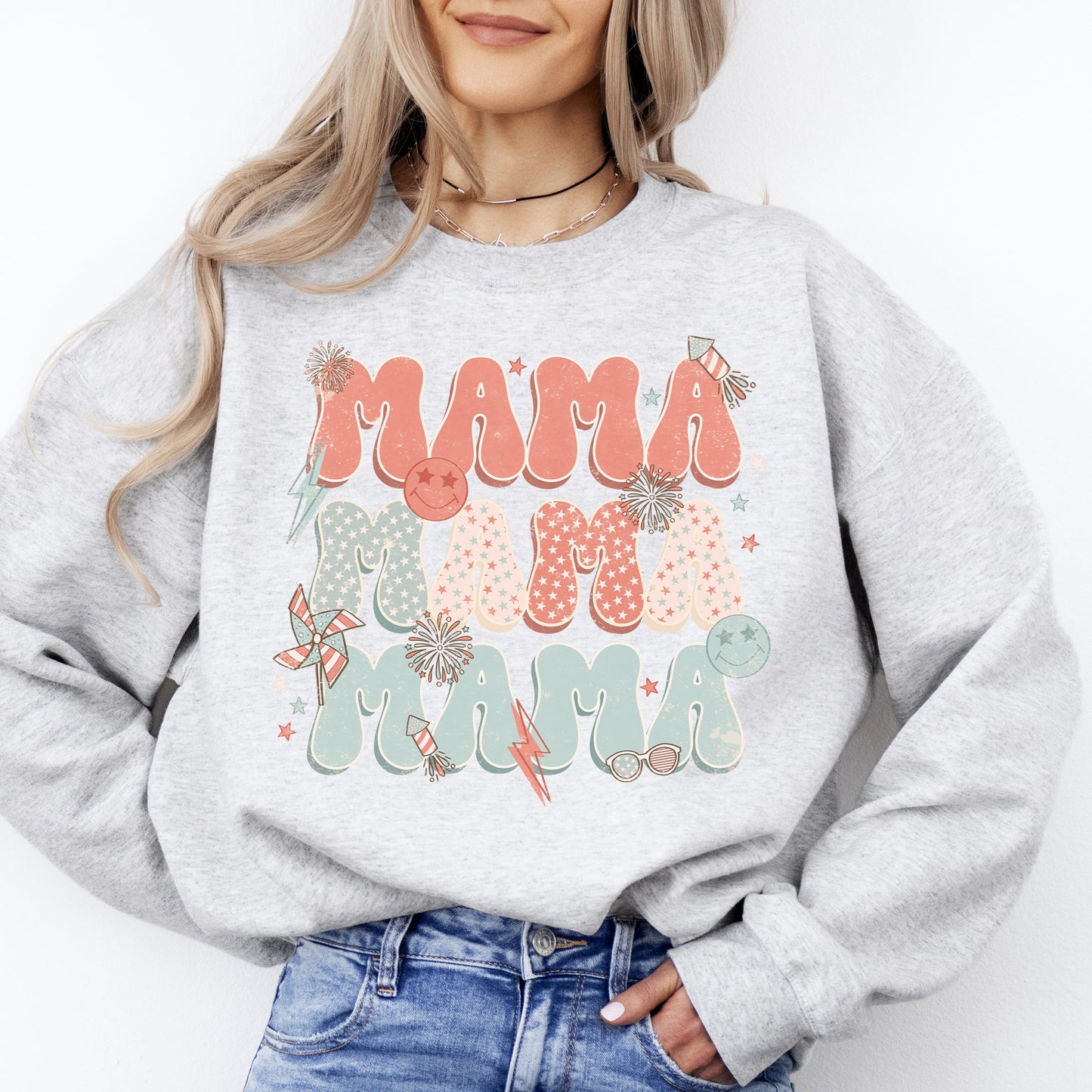 Mama, Patriotic, 4th of July, Fireworks, Retro, USA, America, 4th of July Sweatshirt