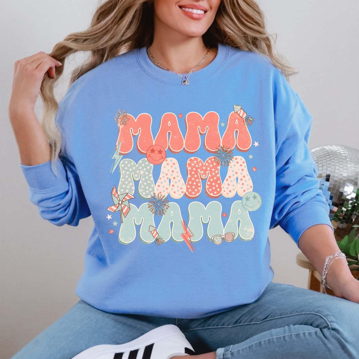 Mama, Patriotic, 4th of July, Fireworks, Retro, USA, America, 4th of July Sweatshirt