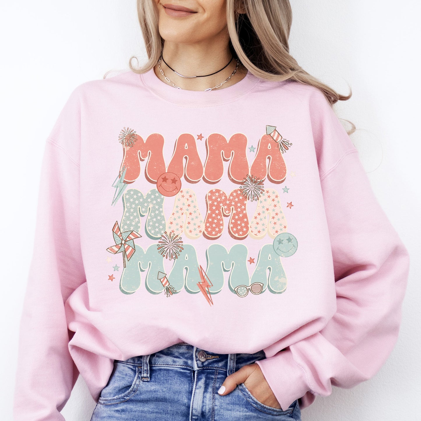 Mama, Patriotic, 4th of July, Fireworks, Retro, USA, America, 4th of July Sweatshirt