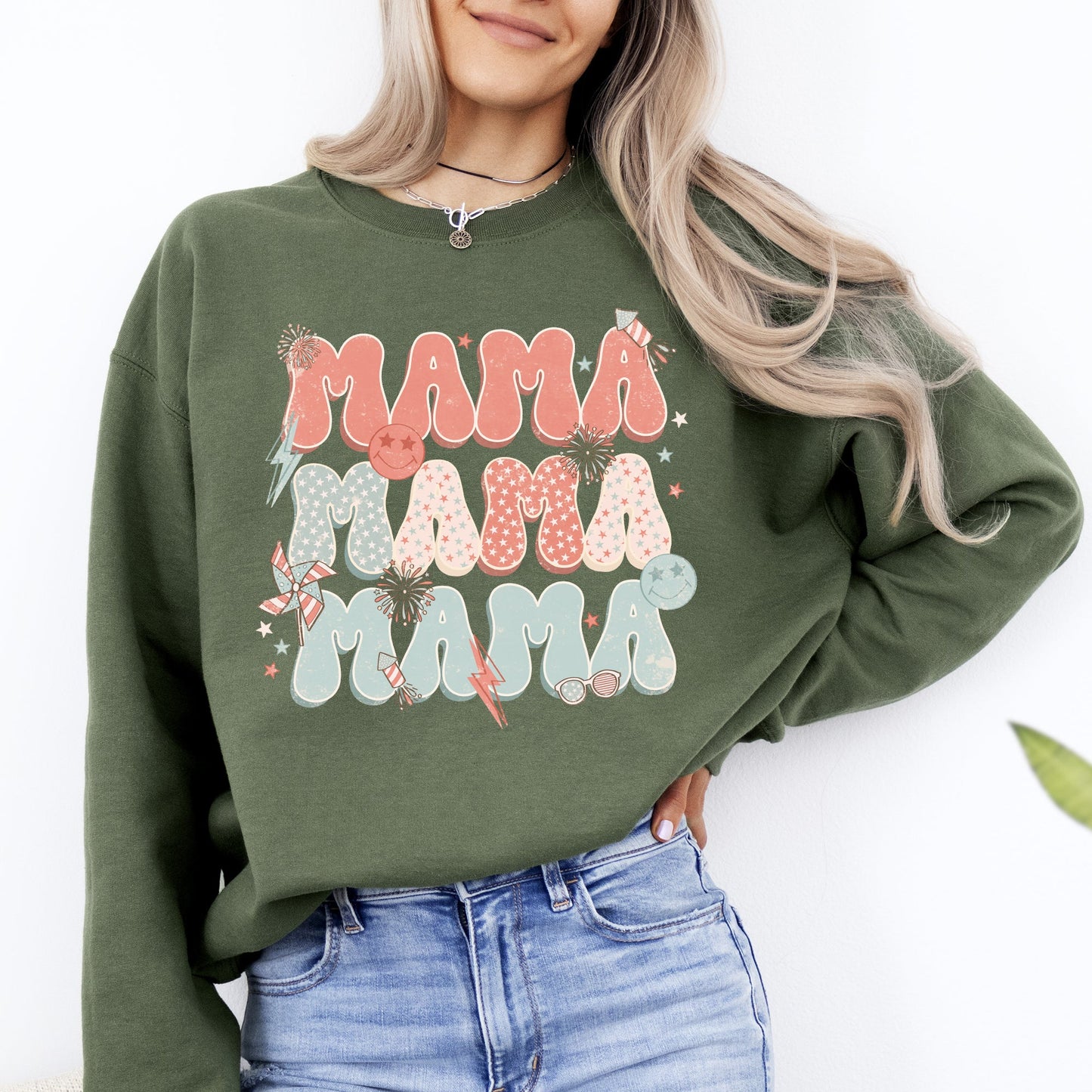 Mama, Patriotic, 4th of July, Fireworks, Retro, USA, America, 4th of July Sweatshirt