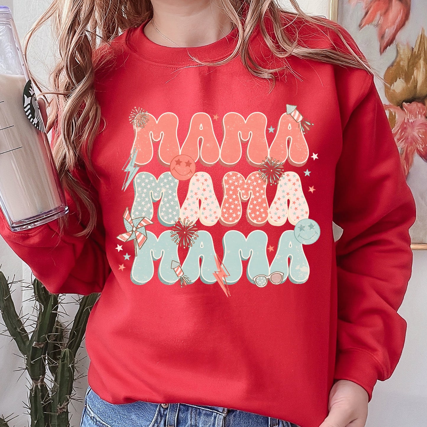 Mama, Patriotic, 4th of July, Fireworks, Retro, USA, America, 4th of July Sweatshirt