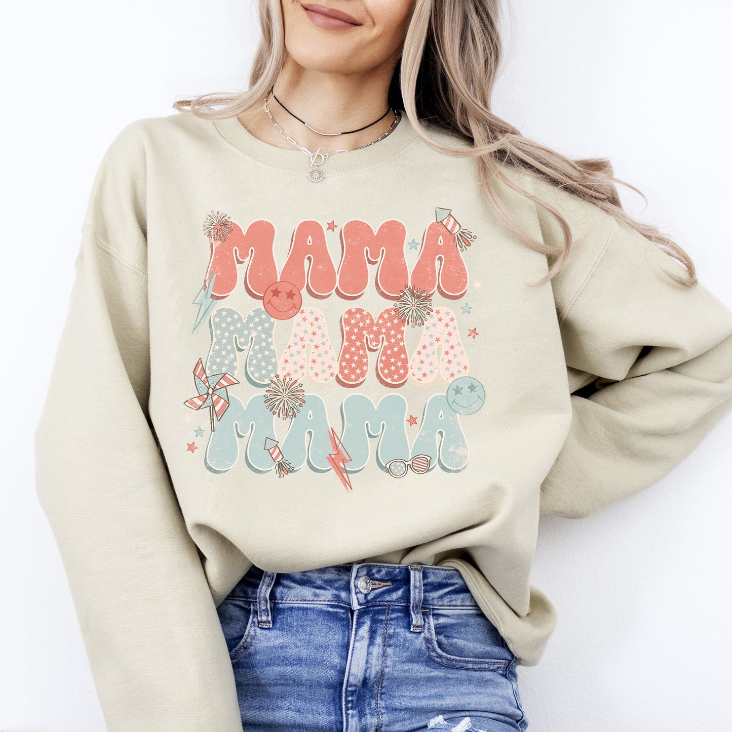 Mama, Patriotic, 4th of July, Fireworks, Retro, USA, America, 4th of July Sweatshirt