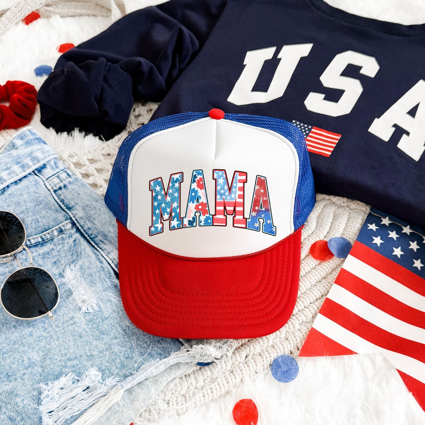 Mama, Pattern, Patriotic, Snapback Trucker Hat