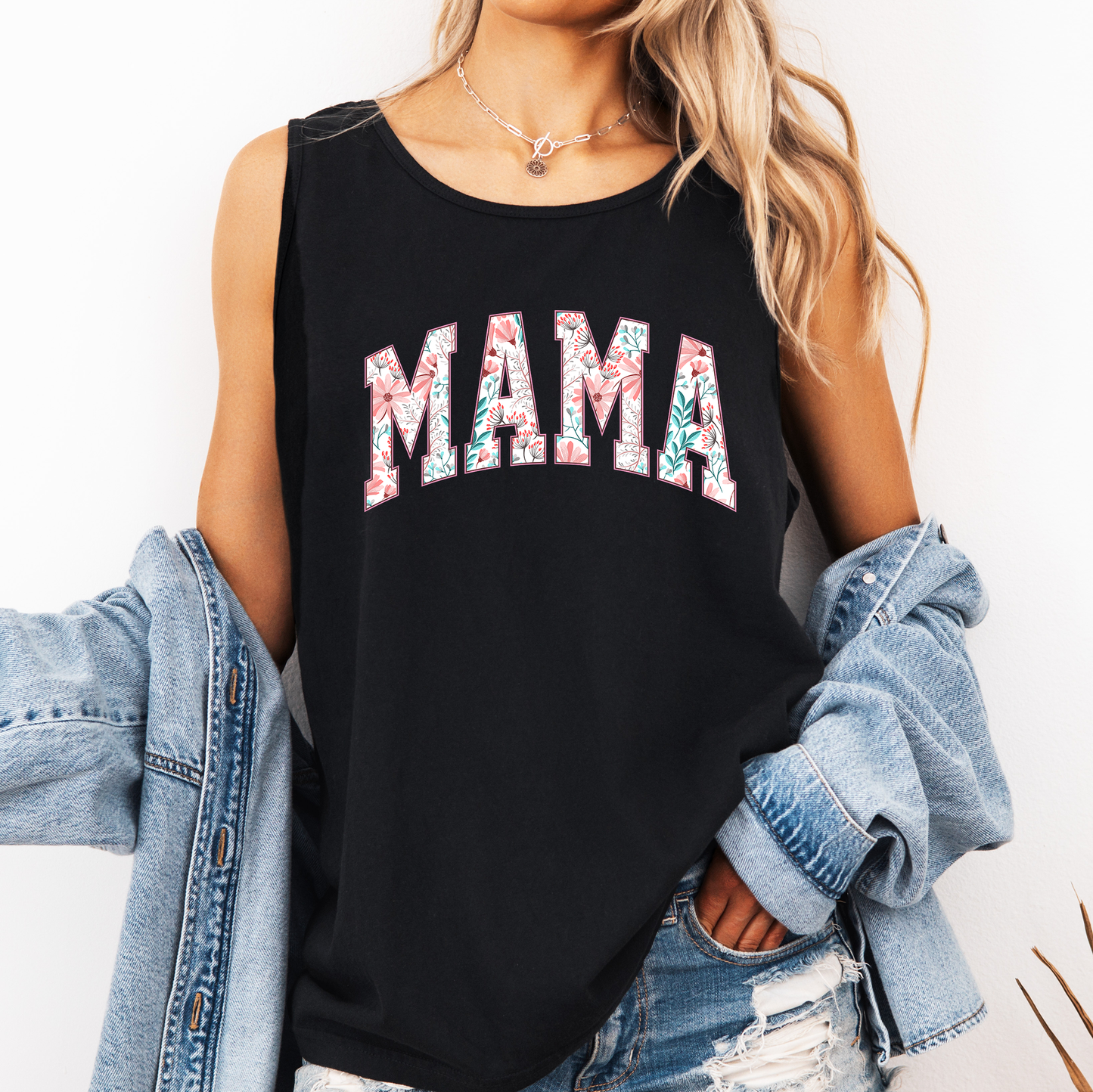Mama, Pink Flowers, Varsity, Floral Comfort Colors Tank Top
