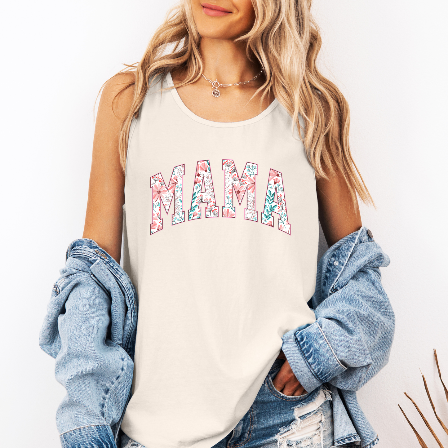 Mama, Pink Flowers, Varsity, Floral Comfort Colors Tank Top