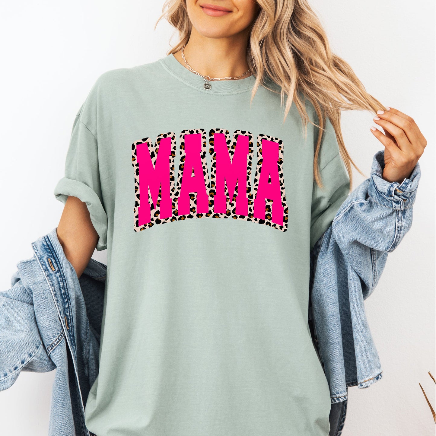 Mama, Pink Leopard Print, Retro, Varsity, Mother's Day Tshirt Comfort Colors T-Shirt