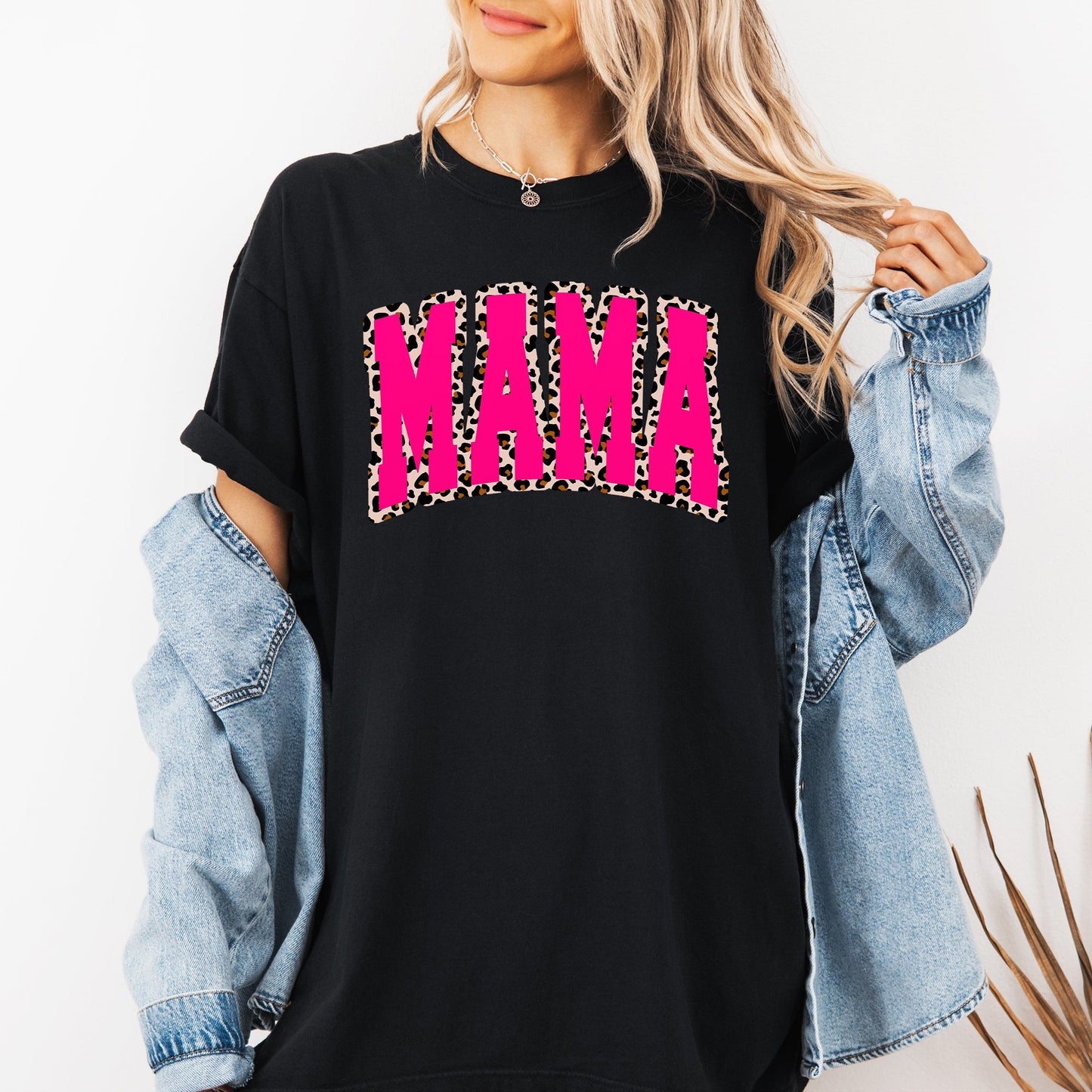 Mama, Pink Leopard Print, Retro, Varsity, Mother's Day Tshirt Comfort Colors T-Shirt