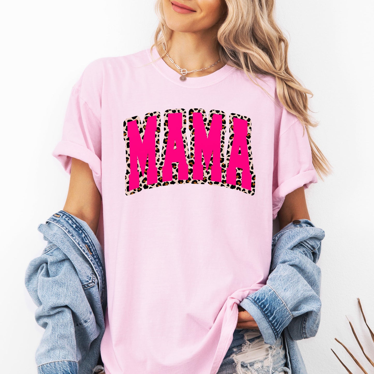 Mama, Pink Leopard Print, Retro, Varsity, Mother's Day Tshirt Comfort Colors T-Shirt