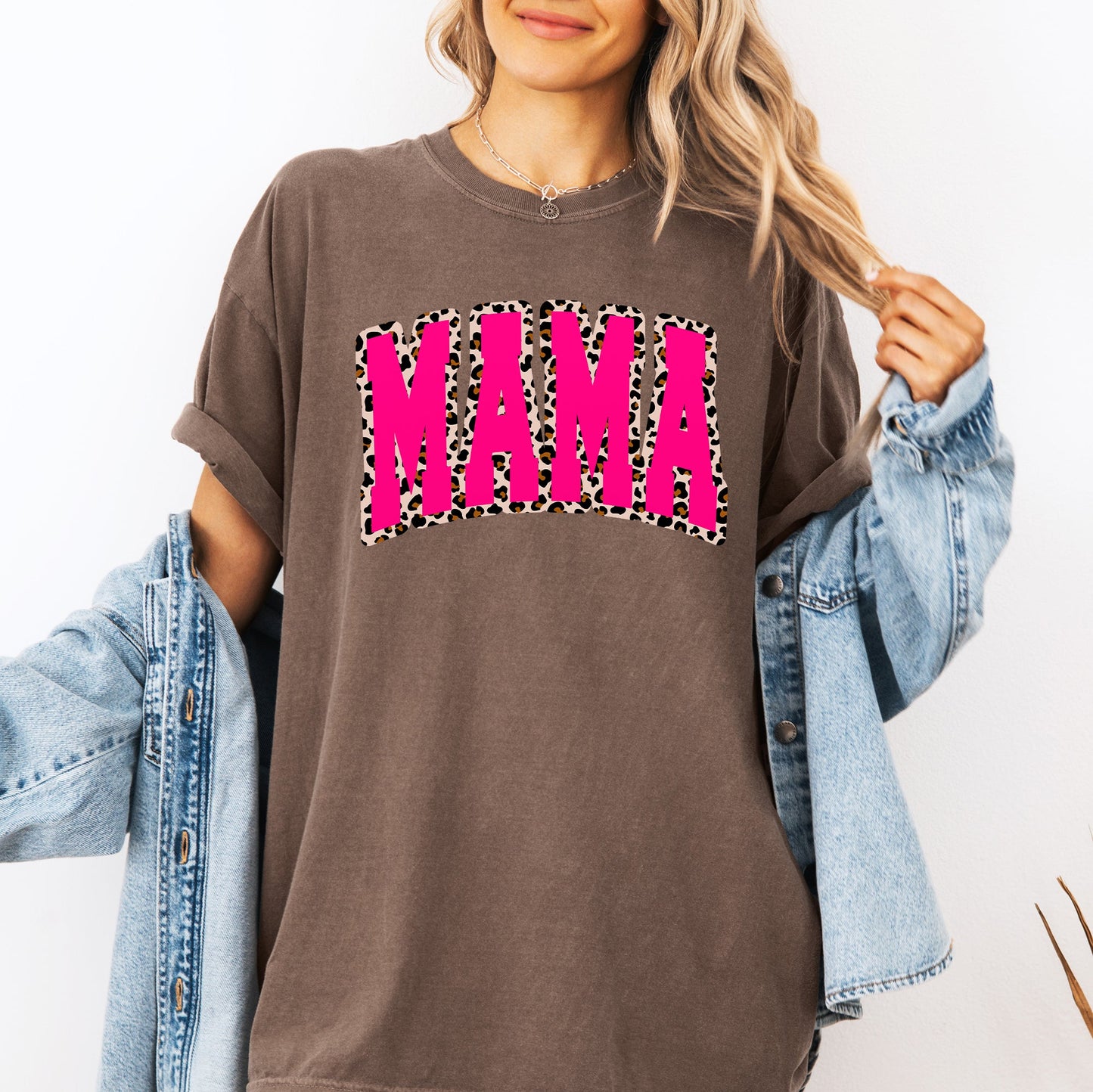 Mama, Pink Leopard Print, Retro, Varsity, Mother's Day Tshirt Comfort Colors T-Shirt